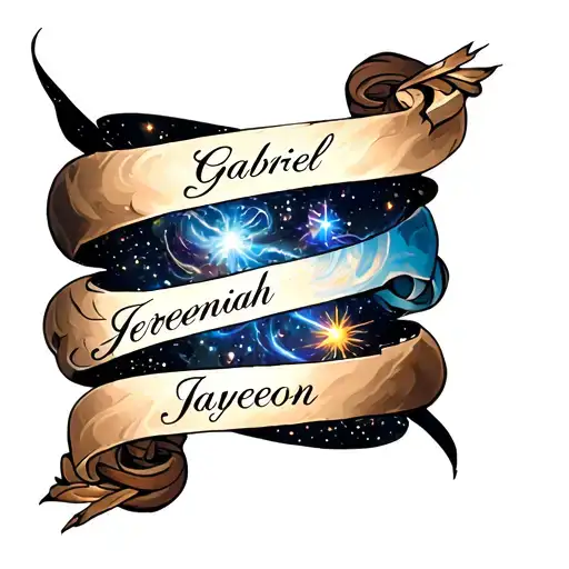 A celestial themed tattoo incorporating the names Gabriel, Jeremiah, Jayceon, and Javier in a scroll design tattoo design idea