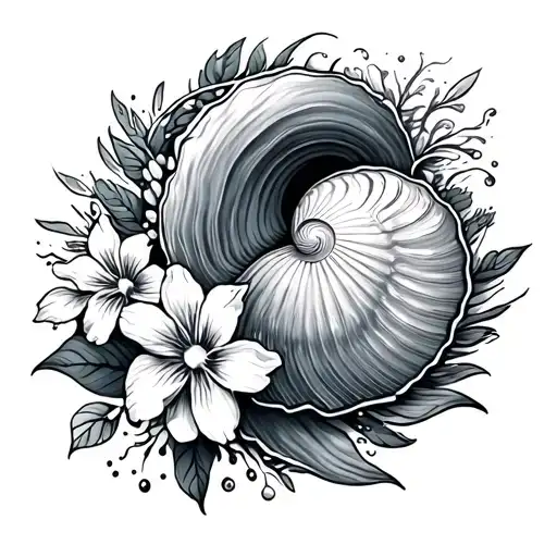 tidal wave lines and shells and flowers  tattoo design idea