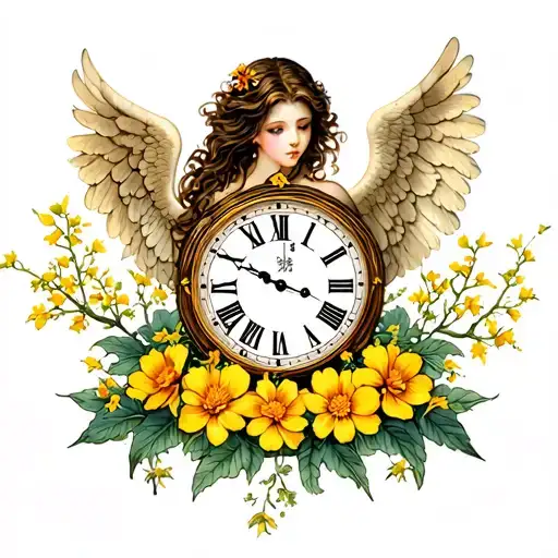 japanese life tree, roman clock, yellow spring flowers, and beautiful woman angel tattoo design idea