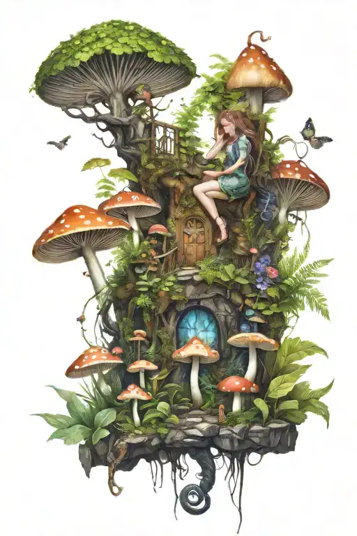 A fairy forest with with fairys and mushrooms and lots of ferns and flowers tattoo design idea
