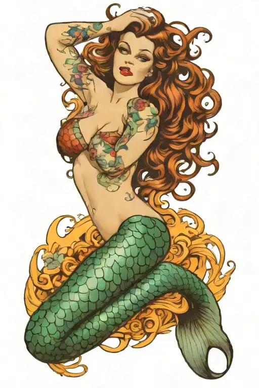 sexy mermaid,  naked, voluptuous, beautiful, full, thick body. no deformities,  tattoo design idea