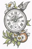 snowdrop flower and carnation flower, Benjamin, baseball and bat, basketball a clock that shows 9:15  tattoo design idea
