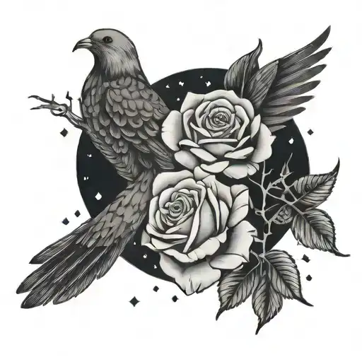 rose, dove, leo constellation in black and white tattoo design idea