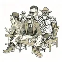 Rebellious Individual that follows his own life philosophy sitting in tables with gangster and intellectuals on equal gr tattoo design idea