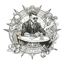 Rebellious Individual that follows his own life philosophy sitting in tables with gangster and intellectuals on equal gr tattoo design idea