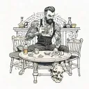 Rebellious Individual that follows his own life philosophy sitting in tables with gangster and intellectuals on equal gr tattoo design idea