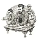 Rebellious Individual that follows his own life philosophy sitting in tables with gangster and intellectuals on equal gr tattoo design idea