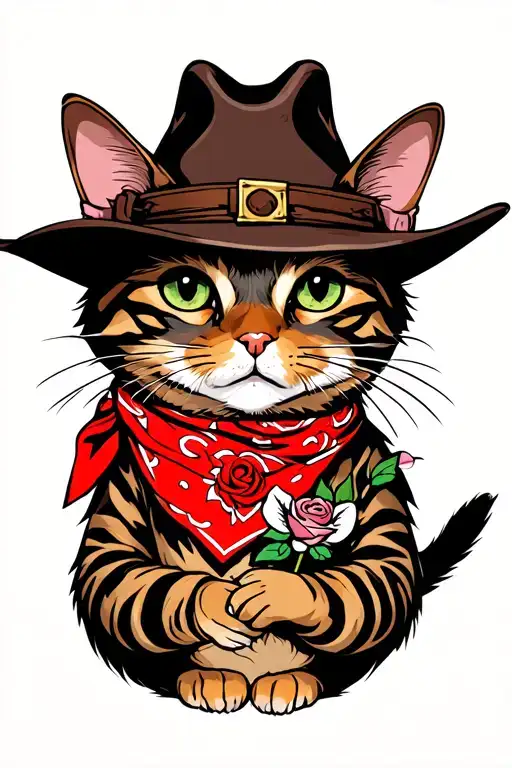 Torti cat as a cowboy wearing a red bandana holding a mouse and has a rose in mouth tattoo design idea