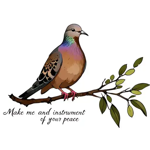 mourning dove on olive tree branch with the words "Make me and instrument of your peace" written on the branch tattoo design idea