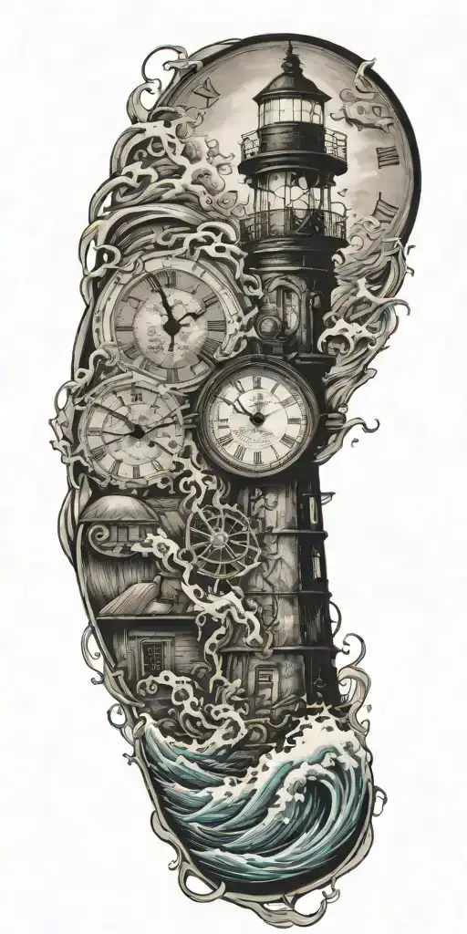 lighthouse waves crashing clock and jelly fish tattoo design idea