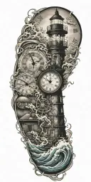 lighthouse waves crashing clock and jelly fish tattoo design idea