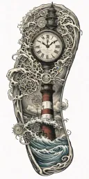 lighthouse waves crashing clock and jelly fish tattoo design idea