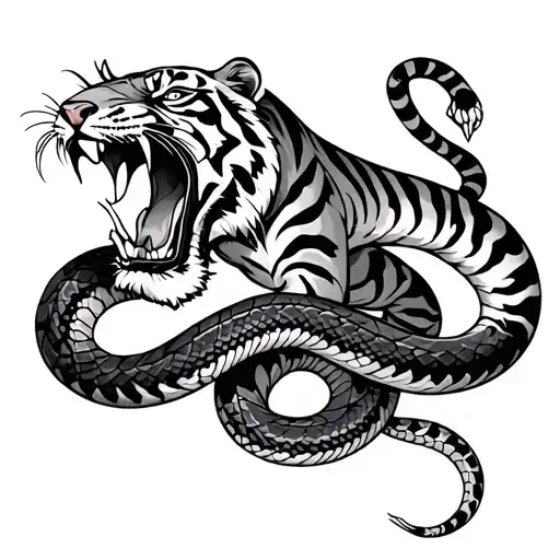 tiger biting snake tattoo design idea