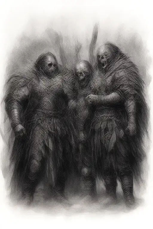 viking and anglo saxon warriors with skull faces standing together tattoo design idea