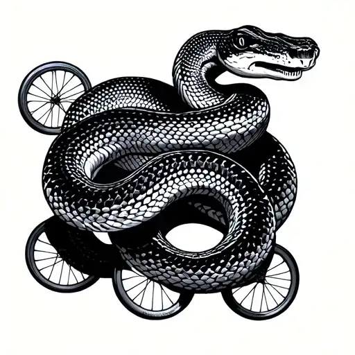 snake with three bicycle wheels around it tattoo design idea
