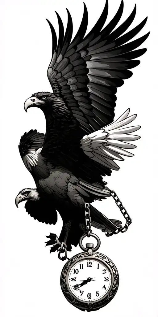 eagle soaring, holding a chain attached to a old school traditional stop watch tattoo design idea