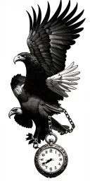 eagle soaring, holding a chain attached to a old school traditional stop watch tattoo design idea