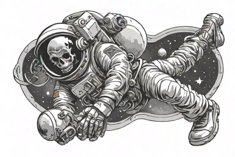 astronaut with skull face floating through space themed tattoo tattoo design idea