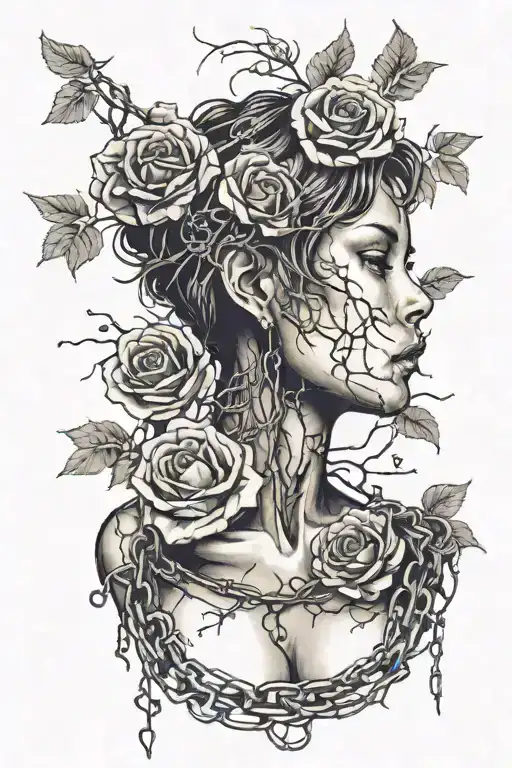 Silhouette of a girl with short hair, bare chest, roots growing out of chains, roses, decaying flesh tattoo design idea