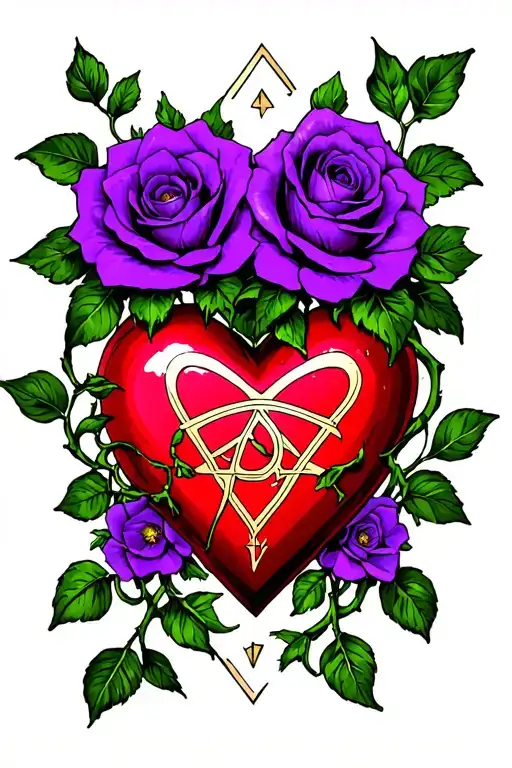 black rose vines with purple flowers branching off of a heartagram symbol tattoo design idea