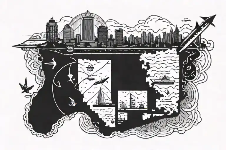 California state outline and new jersey state outline with a dashed train & plane connecting them tattoo design idea