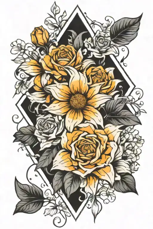 diamond shape inside color water sun and flowers outside flowers continue in black artsy style tattoo design idea