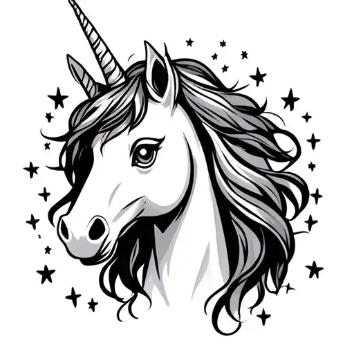 unicorn in 1 line without filling with stars around tattoo design idea