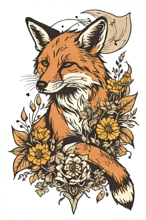 new school style tattoo of a fox sitting in wildflowers including dandelions and milkweed with a tattered banner that sa tattoo design idea
