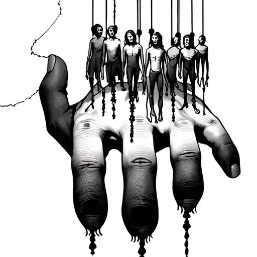 hand with puppet strings attached to each finger with hanging victims on each string  tattoo design idea