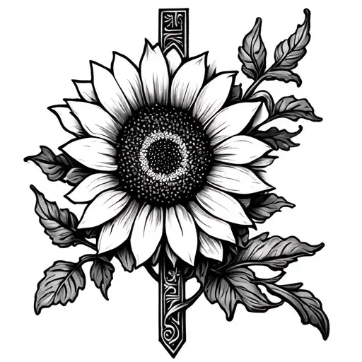 small cross with dainty sunflower and vine on it  tattoo design idea