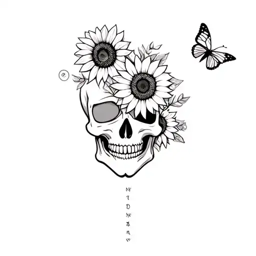 skull with butterfly's and sunflowers tattoo design idea