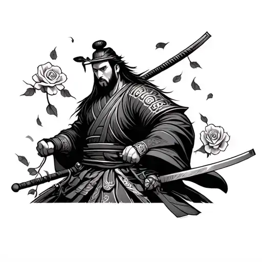 make an arm sleeve of Japanese samurai in a cartoon style but add some realism to it and add roses falling too  tattoo design idea