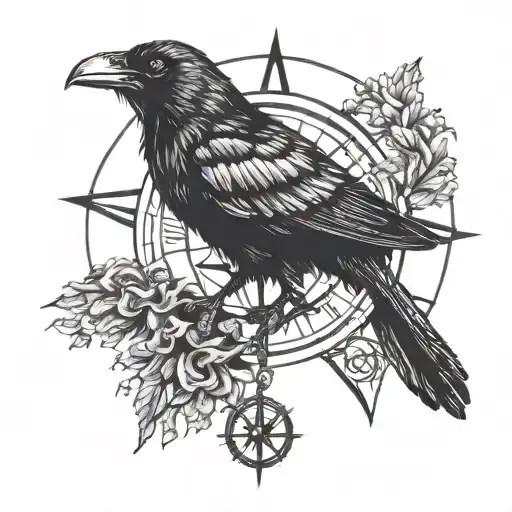 Black crow on the head and a compass vegvisir symbol tattoo design idea