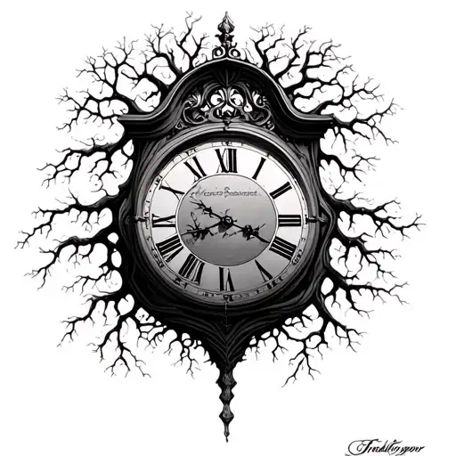 grandfather clock growing roots tattoo design idea