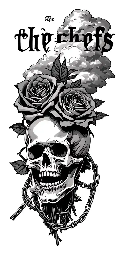 "The cheif’s" skulls chains barbedwire roses cloud tattoo design idea