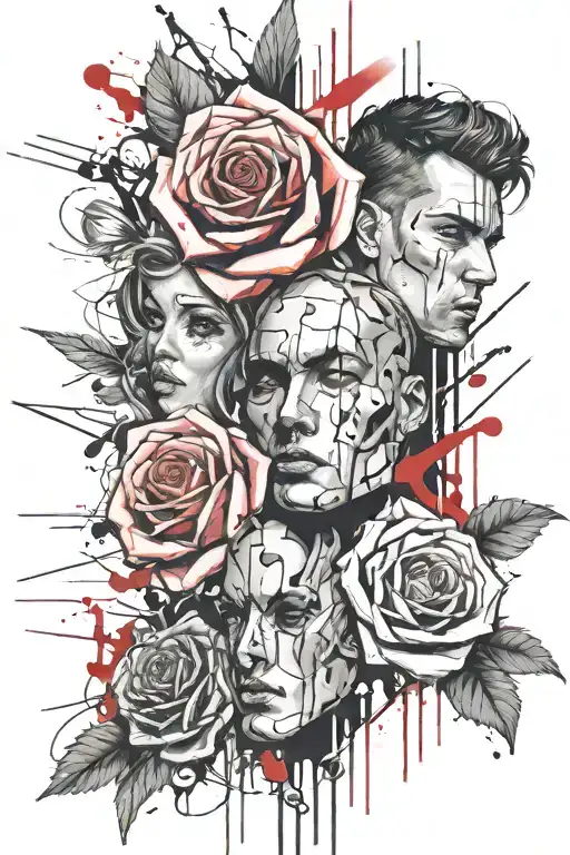 Roses, slit faces one male in the military and the other female as a teacher, I love you till death do us part in Greek tattoo design idea