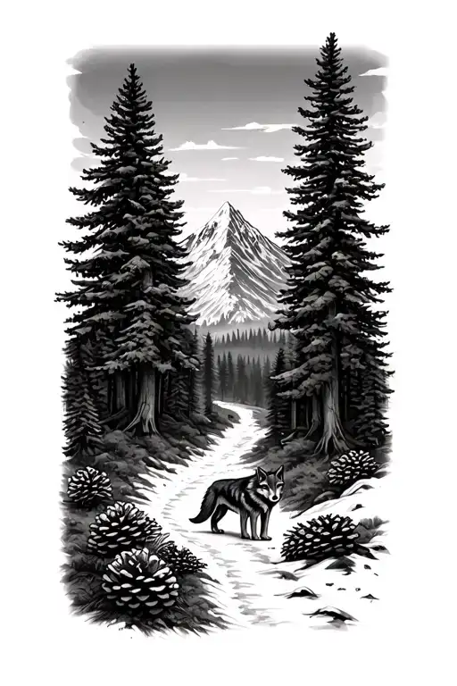 a path through a forest at the foot of the path a wolf and between the tops of trees a majestic mountain and pine cones tattoo design idea