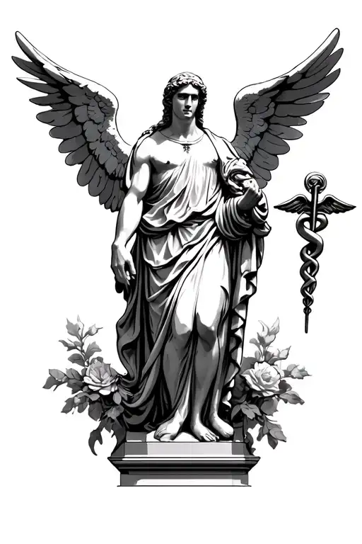 Archangel St Raphael holding a caduceus as a statue tattoo design idea