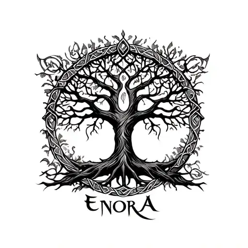 Celtic tree of life integrated the first name ENORA tattoo design idea