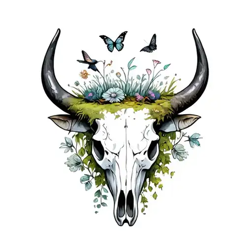 symmetrical bull skull with an imaginative, mossy, mystical world on top with tiny birds flowers and butterflies  tattoo design idea