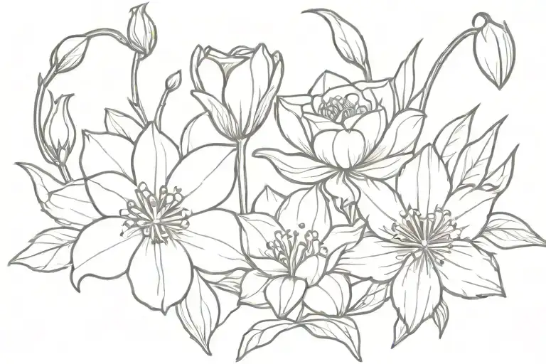 Carnation, Violet, Daffodil, Daisy, Lily of the Valley, Rose, Cosmos tattoo design idea