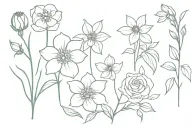 Carnation, Violet, Daffodil, Daisy, Lily of the Valley, Rose, Cosmos tattoo design idea