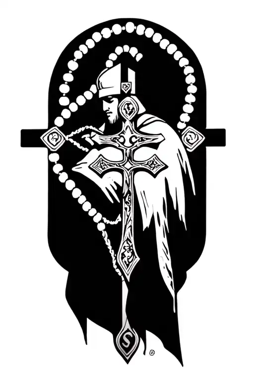 knight Templar and crucifix on beads intertwined tattoo design idea