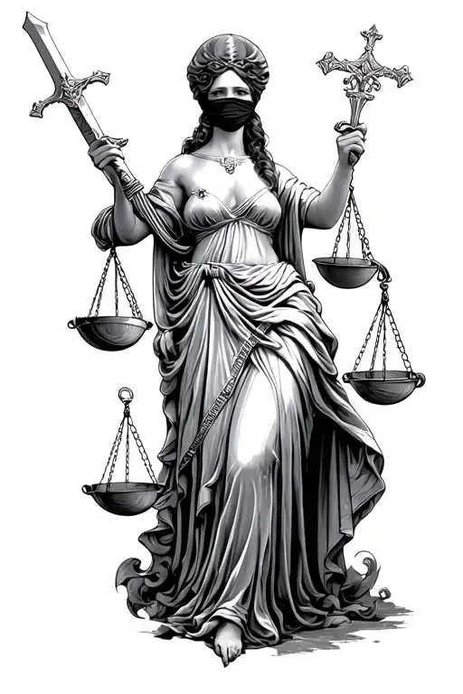 lady justicia holding scale and sword blindfolded tattoo design idea