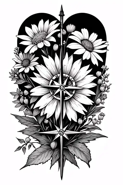 compass and wildflower bouquet fine line tattoo design idea