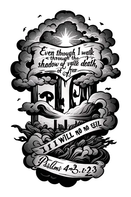  "Even though I walk through the valley of the shadow of death, I will fear no evil psalms 4:23" written in light clouds tattoo design idea