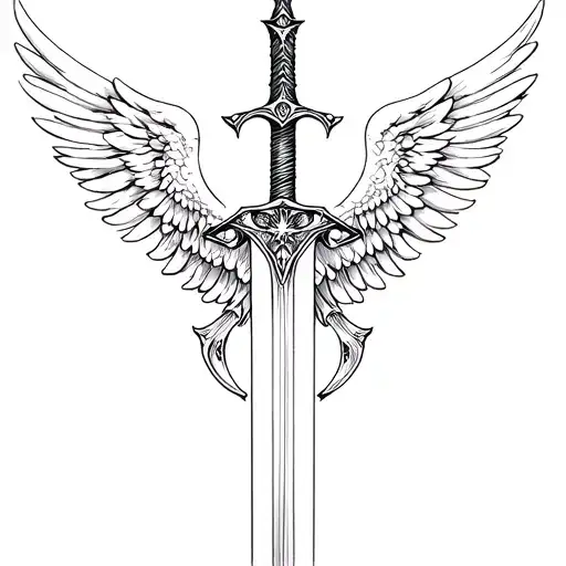 celestial sword with biblical accurate angel eyes and wings  tattoo design idea