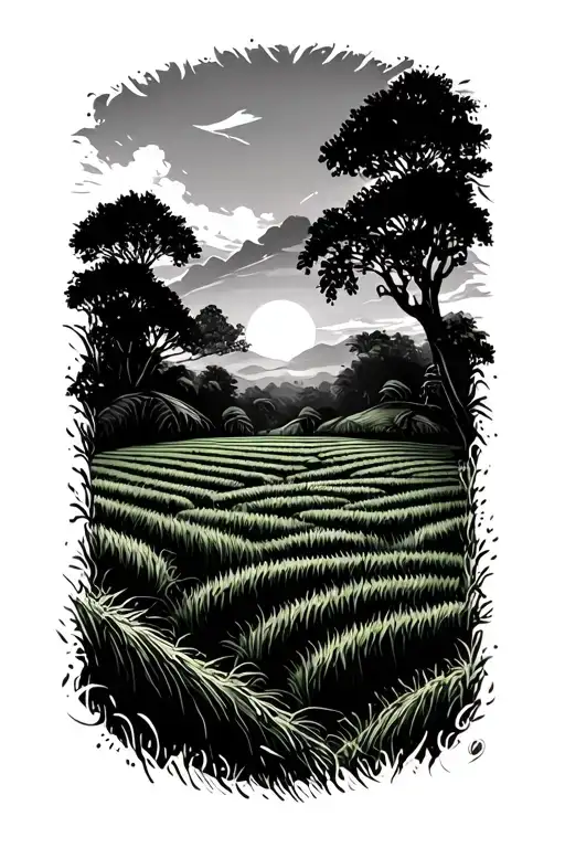 a rice terrace field with a sun in the background tattoo design idea