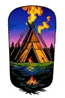 indian teepee, fire place inside, smoke coming from the top of the teepee, surrounded by wilderness tattoo design idea