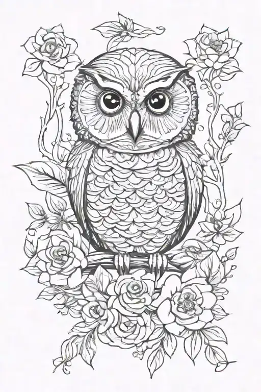 little owl, flowers, trees, books tattoo design idea